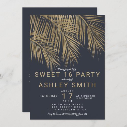 Modern faux gold palm tree navy blue Sweet 16 Invitation