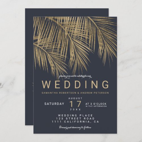 Modern faux gold palm tree navy blue wedding invitation