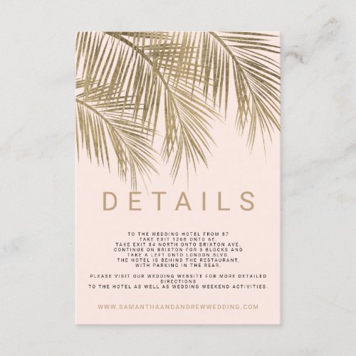 Modern faux gold palm tree pink wedding details enclosure card