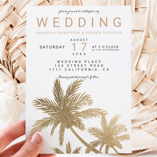 Modern faux gold palm trees elegant wedding invitation