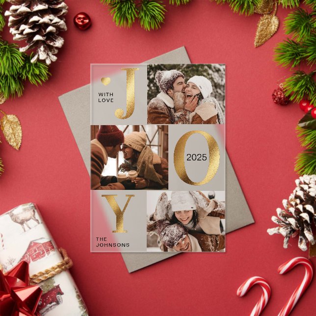 Modern Faux Gold Photo Collage Joy Christmas Card Acrylic Invitations (Insitu (Holiday))