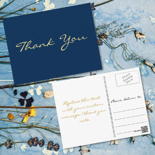 Modern Faux Gold Script Blue Graduation Thank You Postcard