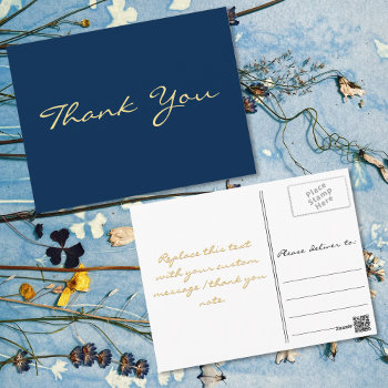 Modern Faux Gold Script Blue Graduation Thank You Postcard by iCoolCreate at Zazzle