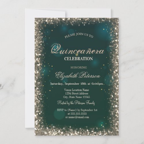 Modern Faux Gold Sequins Frame Green Quinceaera Invitation