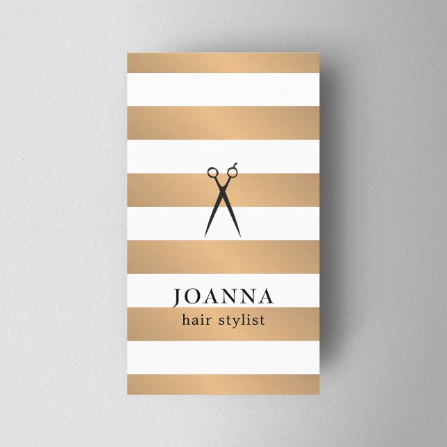 Modern Faux Gold Stripes Black Scissors Hair Business Card (Creator Uploaded)