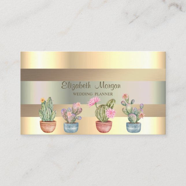 Modern Faux Gold Stripes Succulents Business Card (Front)