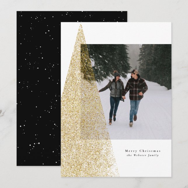 Modern faux gold tree black white Christmas photo Holiday Card (Front/Back)