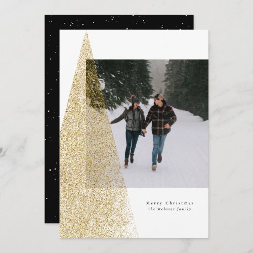 Modern faux gold tree black white Christmas photo Holiday Card