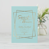 Modern faux gold typography blue Sweet 16 Invitation (Standing Front)