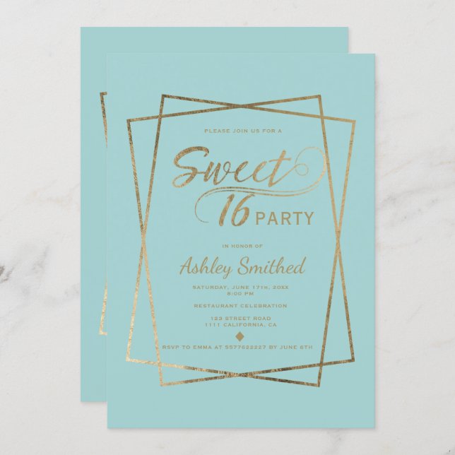 Modern faux gold typography blue Sweet 16 Invitation (Front/Back)