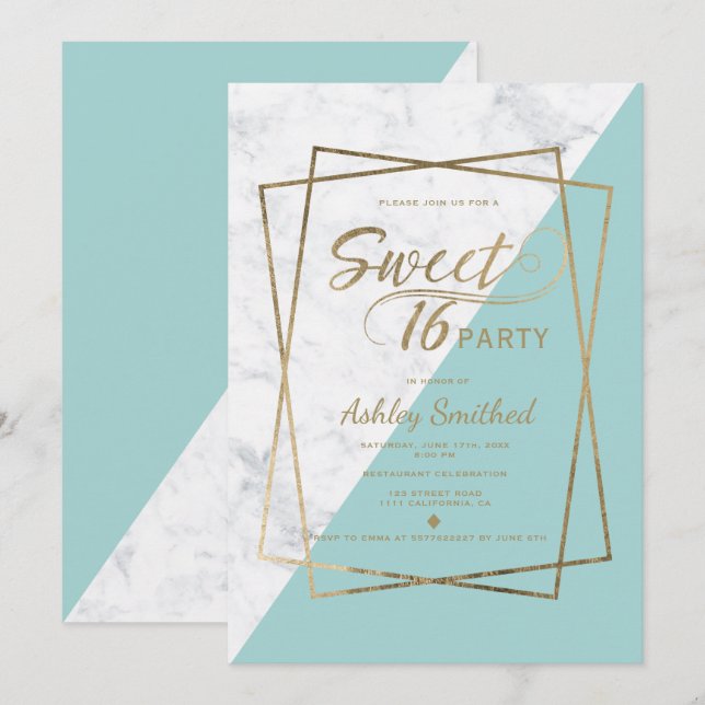 Modern faux gold typography marble teal Sweet 16 Invitation (Front/Back)