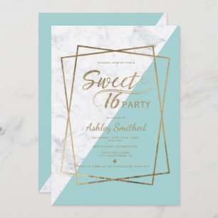 Modern faux gold typography marble teal Sweet 16 Invitation