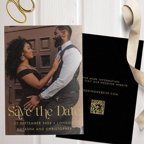 Modern Faux Gold Typography QR Code Photo  Save The Date