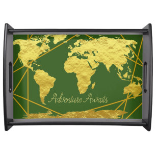 Modern Faux Gold World Map & Sage Adventure Awaits Serving Tray