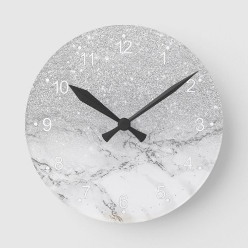 Modern faux gray silver glitter ombre white marble round clock