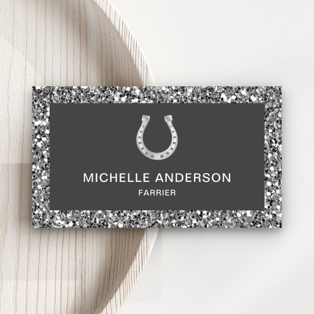 Modern Faux Grey Glitter Horseshoe Farrier Business Card (Creator Uploaded)