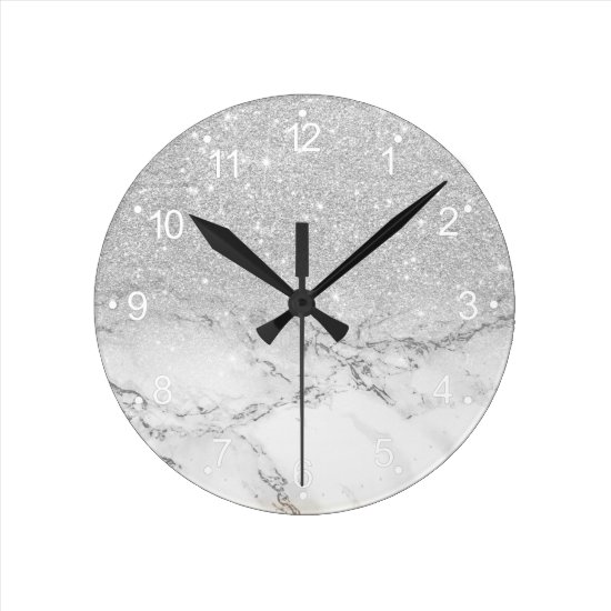 Modern faux grey silver glitter ombre white marble round clock