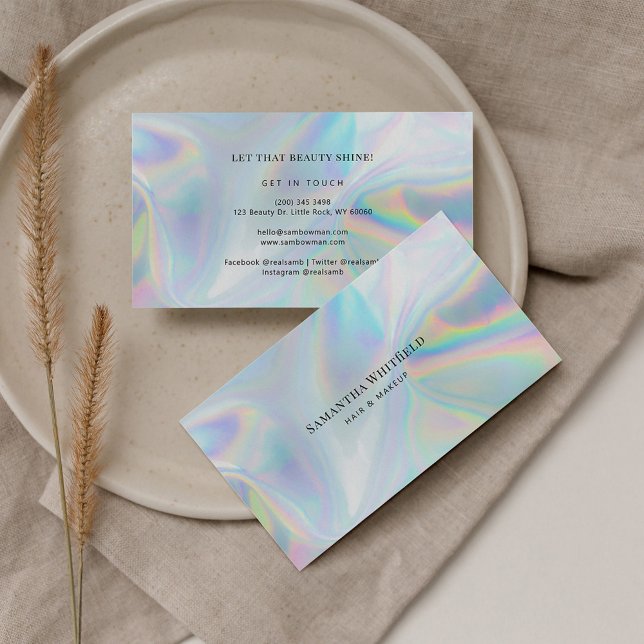 Modern Faux Holographic Beautician Makeup Business Card (Modern Holography Stylish Beauty and Makeup Business Card)