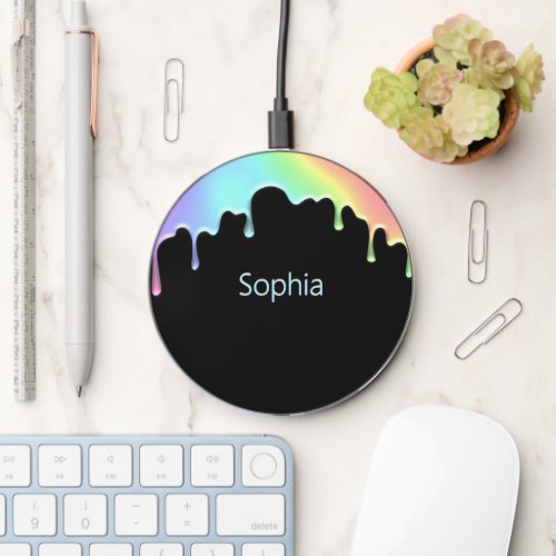 Modern Faux Holographic Colorful Rainbow Drops Wireless Charger