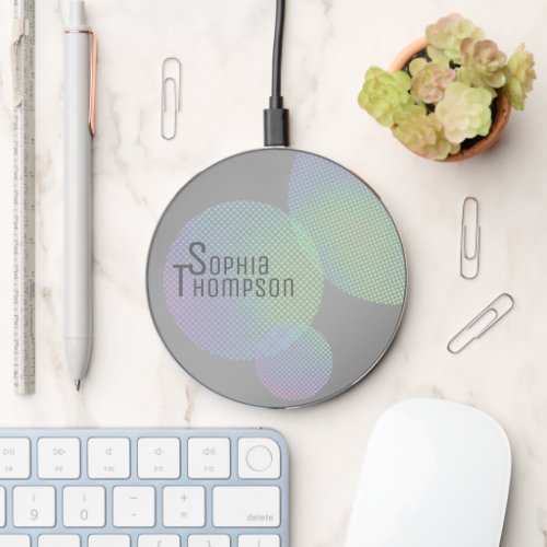 Modern Faux Holographic Rainbow Circles Name Wireless Charger