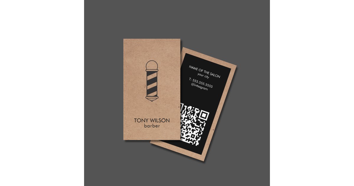 Modern Faux Kraft Black QR Code Barber Pole Salon Business Card | Zazzle
