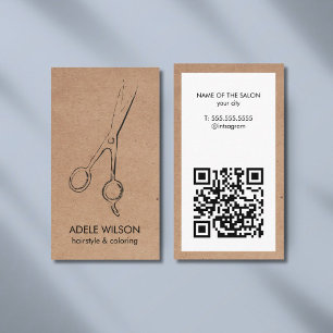Modern Faux Kraft White QR Code Scissors Salon Business Card