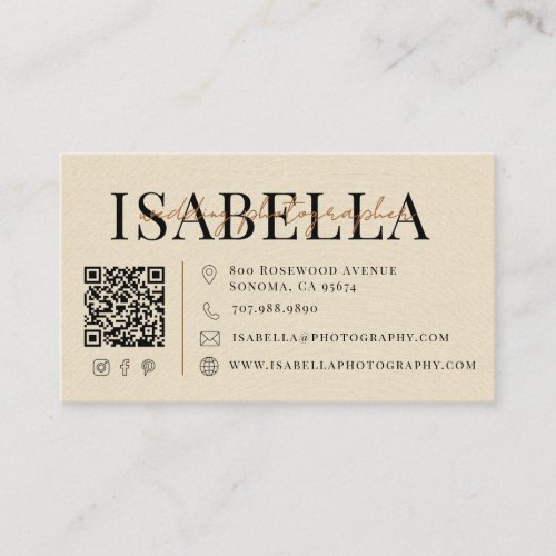 Modern Faux Linen Wedding Photographer QR Code Business Card
