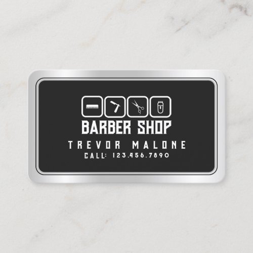 Modern faux metallic frame dark gray barber business card