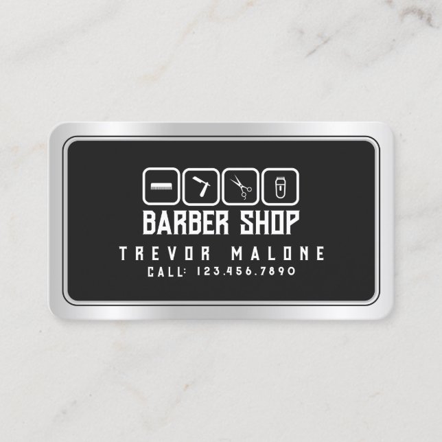 Modern faux metallic frame dark gray barber business card (Front)