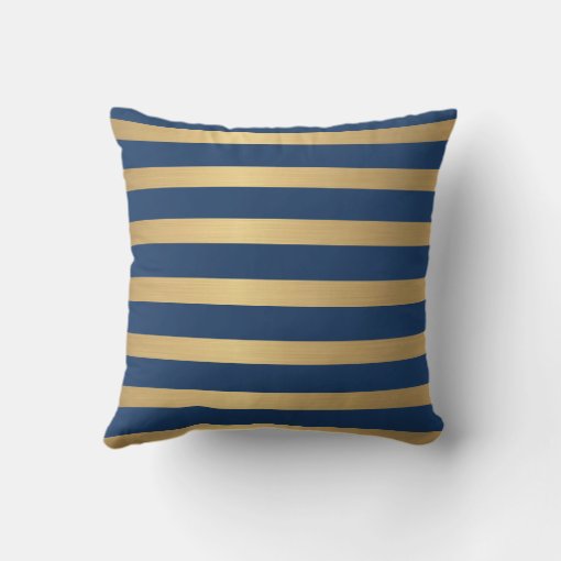 Modern Faux metallic Gold and Navy striped Throw Pillow | Zazzle