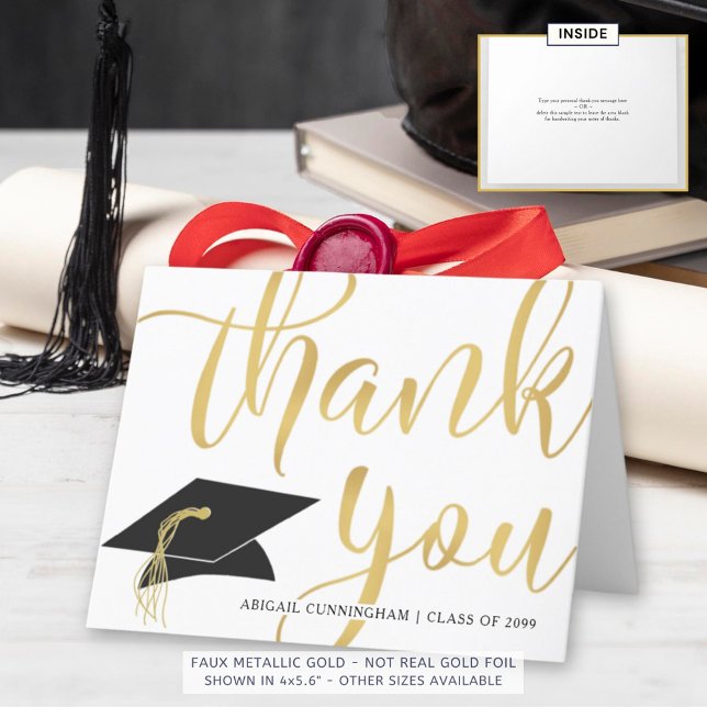 Modern Faux Metallic Gold Script Graduation Letterpress Thank You Card (Creator Uploaded)