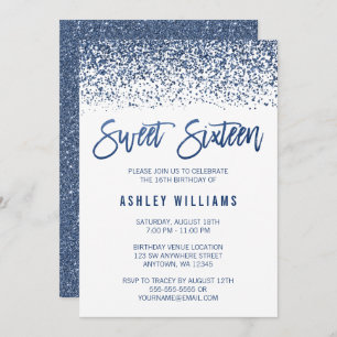 Modern Faux Navy Blue Glitter Sweet 16 Birthday Invitation