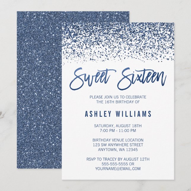 Modern Faux Navy Blue Glitter Sweet 16 Birthday Invitation (Front/Back)