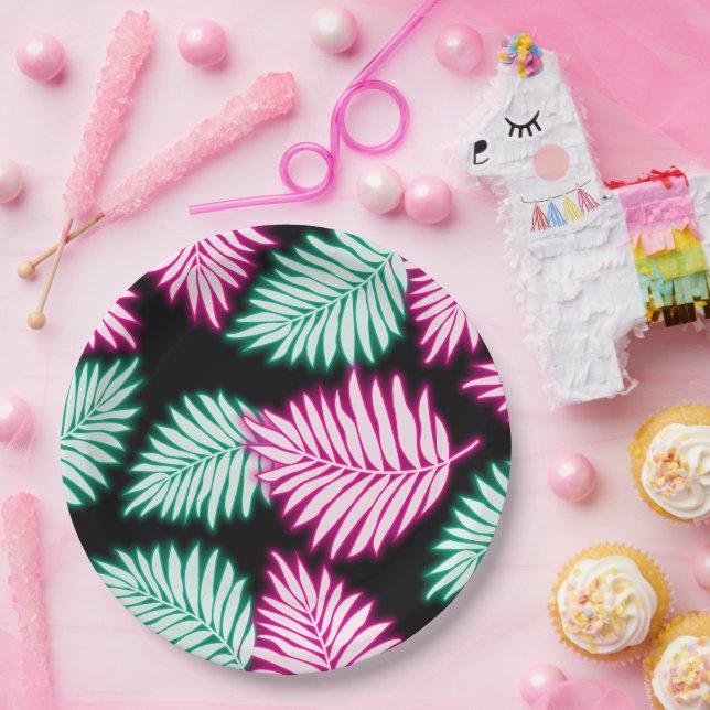 Modern Faux Neon Pink Green Tropcal Leaves Paper Plates (Party)