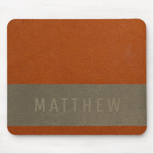 Modern Faux Orange Gray Leather Texture Name Mouse Pad