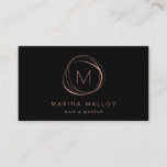 Modern Faux Rose Gold Abstract Business Card<br><div class="desc">Striking business cards feature an abstract element in faux rose gold, encircling your initials or monogram in modern calligraphy script. Personalize with two custom text fields beneath for your name and title or business name. Add your full contact details to the reverse side. Suitable for any occupation; example shown for...</div>