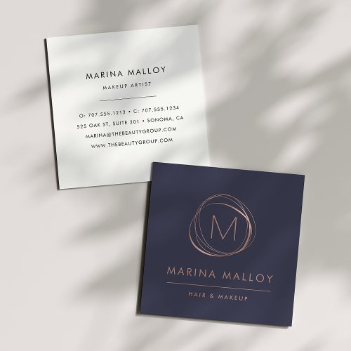 Modern Faux Rose Gold Abstract Monogram Square Business Card