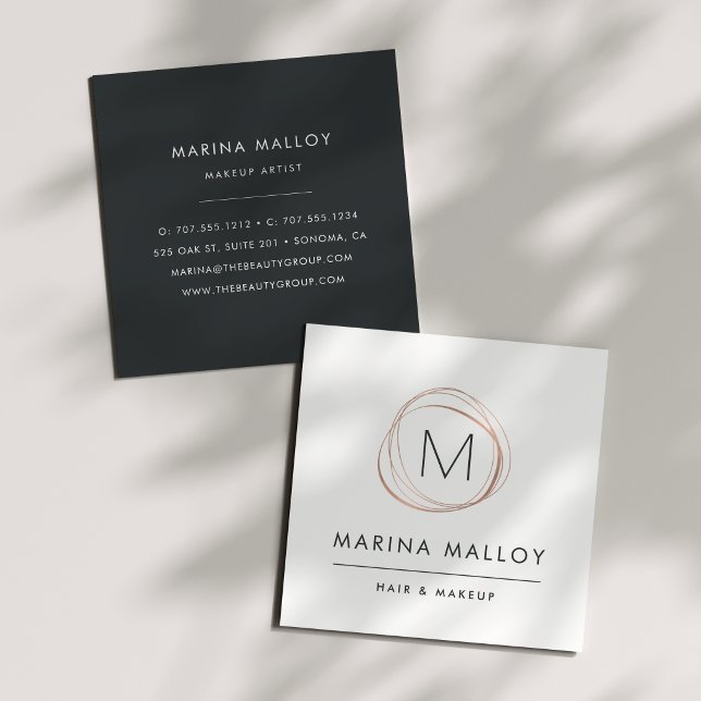 Modern Faux Rose Gold Abstract Monogram Square Business Card