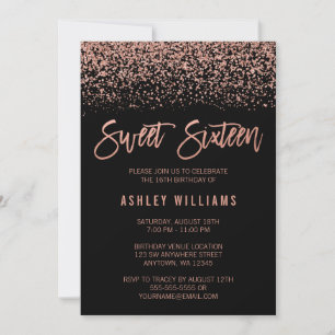 Modern Faux Rose Gold Black Glitter Sweet 16 Invitation