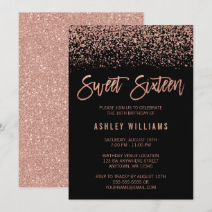 Modern Faux Rose Gold Black Glitter Sweet 16 Invitation