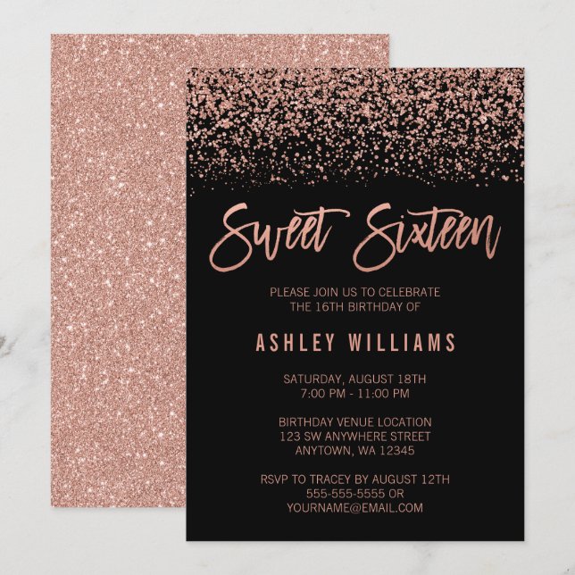 Modern Faux Rose Gold Black Glitter Sweet 16 Invitation (Front/Back)