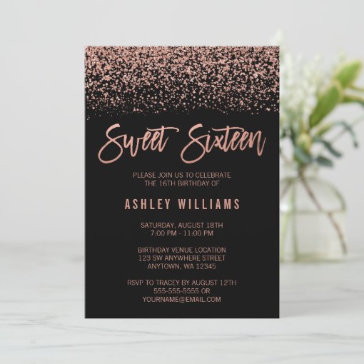 Modern Faux Rose Gold Black Glitter Sweet 16 Invitation | Zazzle