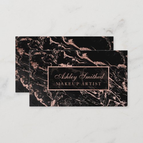 Modern faux rose gold black marble chic makeup business card