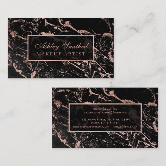 Modern faux rose gold black marble chic makeup business card (Front/Back)