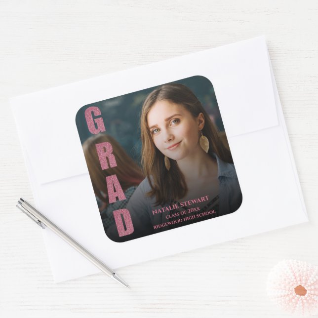 Modern Faux Rose Gold Bold Font Photo Graduation Square Sticker (Envelope)