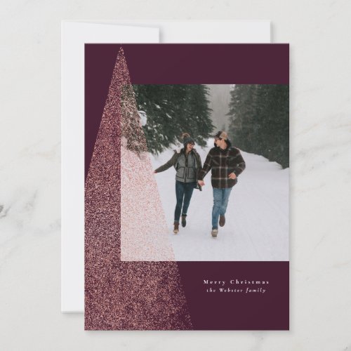 Modern faux rose gold Christmas tree plum photo Holiday Card