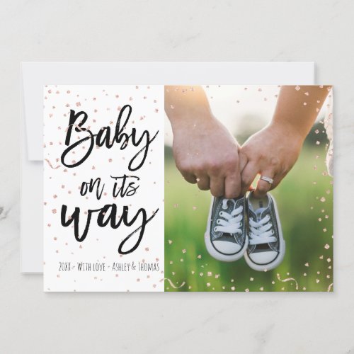 Modern faux rose gold confetti baby typography announcement