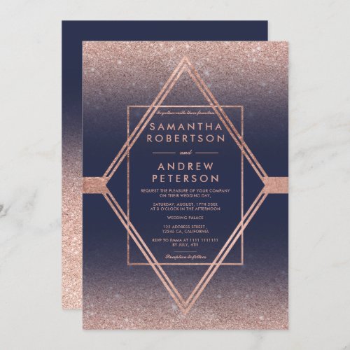 Modern faux rose gold diamond blue wedding invitation