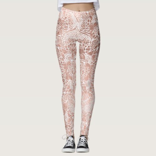 Modern faux rose gold floral mandala hand drawn leggings