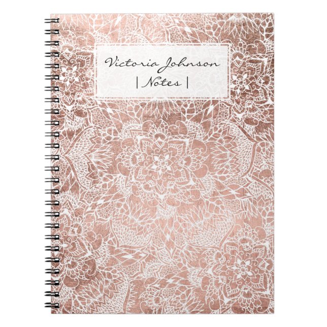 Modern faux rose gold floral mandala illustration notebook (Front)